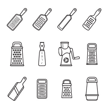 Collection of kitchen graters and slicers in a clean white background with simple line art style