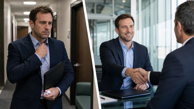 Interview anxiety and confident handshake during successful job meeting