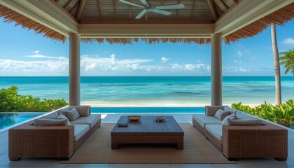 Obraz premium Tropical Beach Resort Room with Ocean View and Summer Vacation Scenery