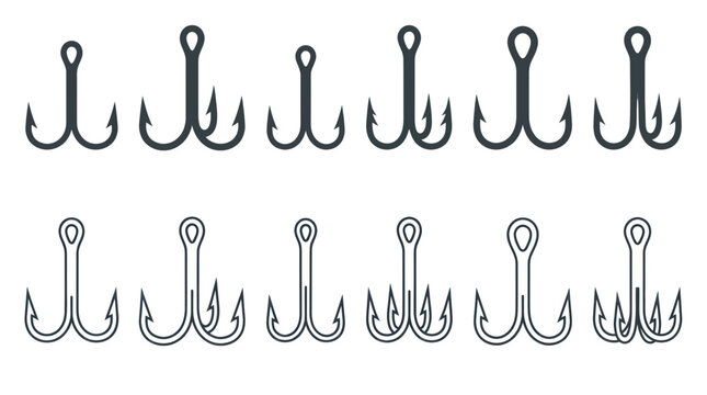 Fishing Hooks Set: Treble Hooks and Double Hooks, Fishing Gear Icons