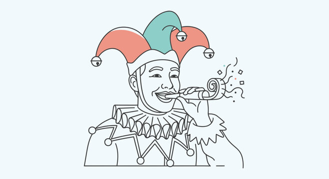 A cartoon trickster whispers a secret outdoors with a sly expression on his face.