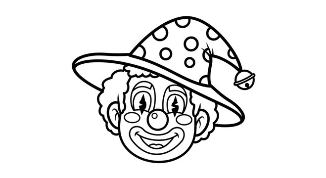 A laughing clown wearing a hat with polka dots is smiling loudly.
