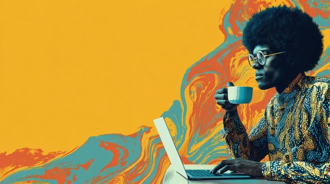 Man with afro drinking coffee at laptop during colorful abstract background with copy space