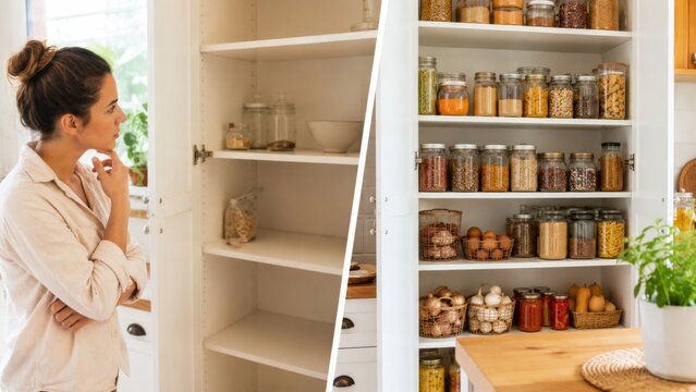 Bare kitchen cupboard and organized pantry staples