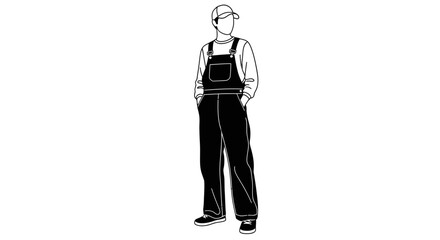 An adult male wearing overalls and a cap stands confidently with hands in pockets on a simple background © Sajar