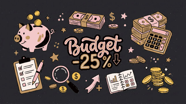 Hand drawn finance icons and budget reduction concept design on black chalkboard