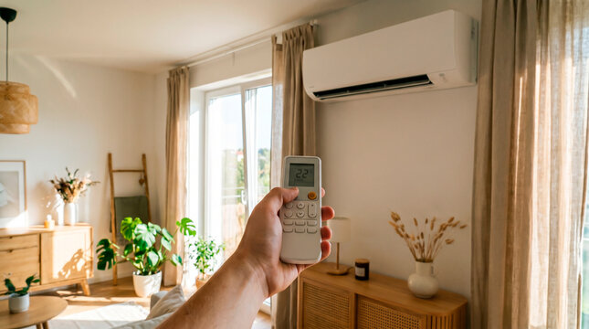 Hand holding remote control for air conditioner in a bright modern living room