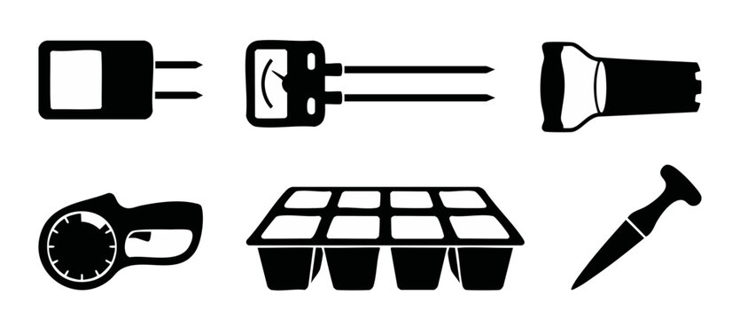 Gardening tools icon set silhouette for planting seed starting and testing soil quality on white background representing modern organic horticulture farming agricultural technology vector graphics