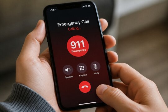 Hand dialing emergency 911 call on smartphone in closeup