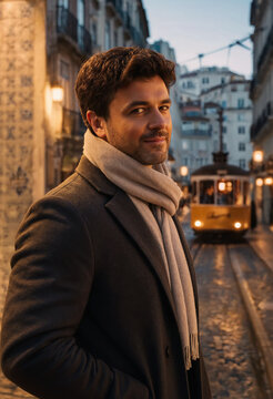 A handsome man in a dark winter coat and light beige scarf looks back over his shoulder during a dusk city walk. Warm streetlights glow while a classic yellow tram glides down the cobblestone street