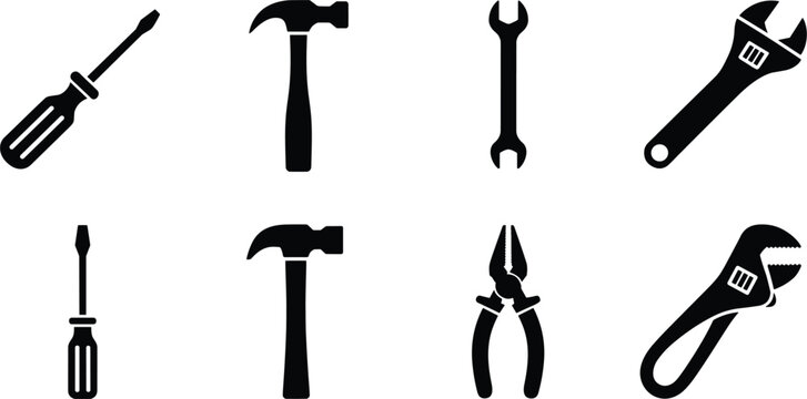 Black silhouette icons of various hand tools including screwdrivers hammers wrenches and pliers on white background