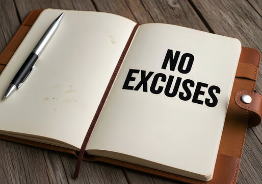Open notebook with the text no excuses written on the page