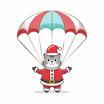 Cute Cat in Santa Suit Parachuting