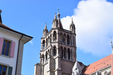 Obraz premium Lausanne cathedral bell tower and historic architecture