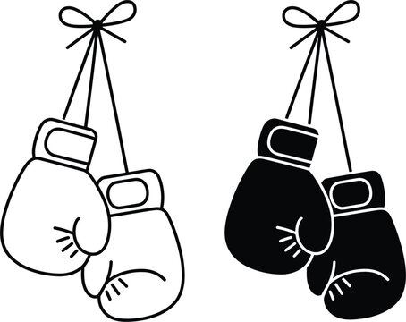 Pair of hanging boxing gloves in black and white outline and solid fill on white background Keywords: boxing gloves, pair, hanging, tied, laces, sport, combat, fight