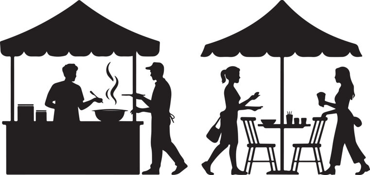 Silhouette of a street food vendor cooking and serving customers at an outdoor cafe stall with tables and chairs