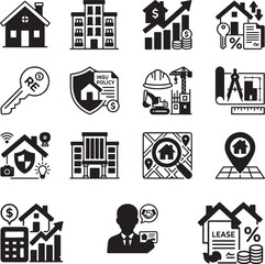 Real Estate and Property Management Vector Icon Set Minimalist Black Graphic Design Elements © SarifinJahan