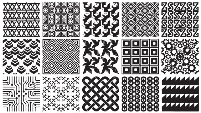 Geometric seamless patterns collection, black and white abstract vector textures, 15 monochrome repeating backgrounds for graphic design