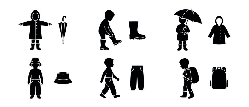 Rainy day kids clothing silhouette icon set depicting children getting dressed in raincoats, boots, and holding umbrellas, perfect for school preparation, autumn weather, and seasonal fashion designs.