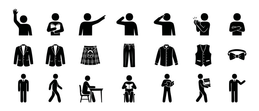 People stick figure vector icons representing student actions and mens dress code about casual and formal clothing items like suit jacket, kilt, pants, shirt, vest, bowtie, isolated graphic vector set