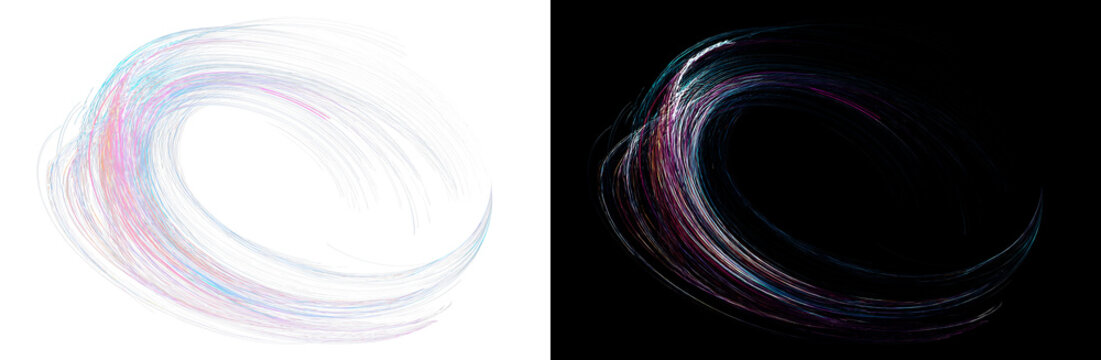 Neon thread vortex, abstract spinning light trails, circular fiber optic line texture, glowing round ribbon graphic asset on black and white background