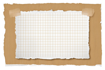 Fototapeta premium Blank torn grid paper with masking tape and kraft cardboard isolated on white background, Clipping Path, png