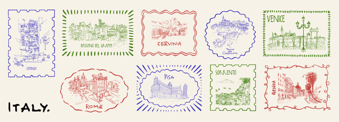 Fototapeta na wymiar Italy travel stamps. Italian landmarks vintage postcard. Whimsical border frame summer vacation stickers. Rome, Venice, Pisa, Genova, Catania, Amalfi, Abruzzo scene retro Mediterranean vacation labels