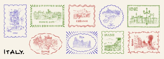 Italy travel stamps. Italian landmarks vintage postcard. Whimsical border frame summer vacation stickers. Rome, Venice, Pisa, Genova, Catania, Amalfi, Abruzzo scene retro Mediterranean vacation labels © babayuka