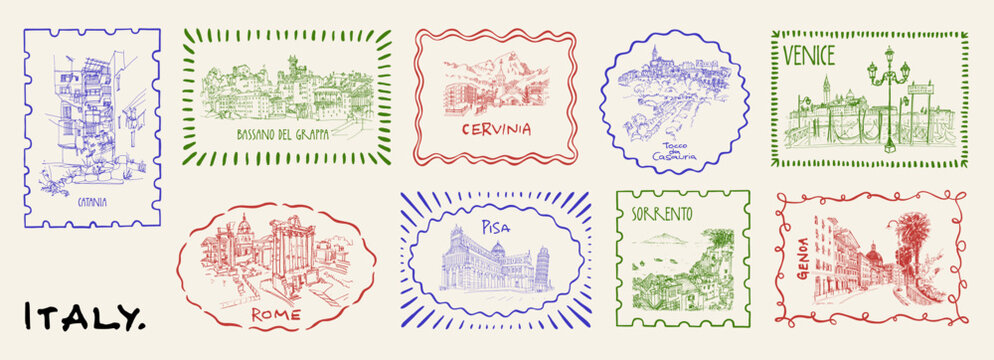 Italy travel stamps. Italian landmarks vintage postcard. Whimsical border frame summer vacation stickers. Rome, Venice, Pisa, Genova, Catania, Amalfi, Abruzzo scene retro Mediterranean vacation labels