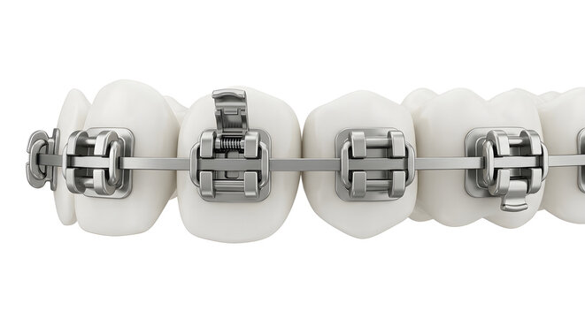 Highly Detailed 3D Render of Self-Ligating Orthodontic Braces on Teeth, Suitable for Science Education, Isolated on a White Background
