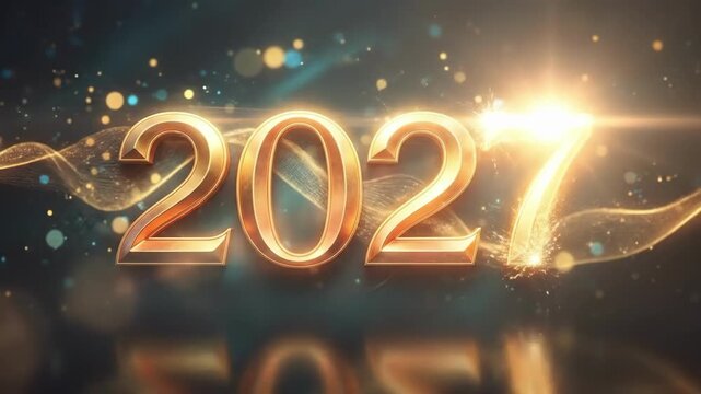 Golden 2027 numerals glowing on dark blue background. Futuristic new year design for celebration and greetings. Innovative holiday graphic for upcoming year festivities