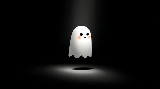 Cute little white ghost character floating in a bright spotlight against a dark background with a minimalist simple artistic style