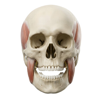 3D Render of Human Skull Anatomy Showing Jaw Muscles and Trismus, Suitable for Science Education, Isolated on a White Background