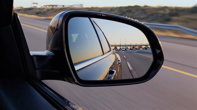 Side mirror reflection of toll plaza at sunset, commuter driver checking rear lanes while approaching toll booths, motion blur on highway lanes, warm evening light, trucks and barriers