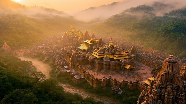 Ancient temple complex surrounded by lush green mountains at sunrise golden hour.