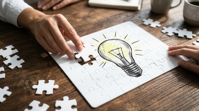 Solving a puzzle on a wooden desk to find a creative solution.