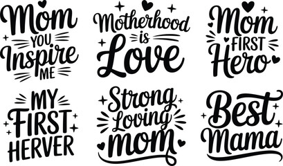 Obraz premium Retro Motherhood Typography Bundle, Set of 6 Mom Life Quotes, Vintage Mama Squad and Mother's Day Lettering Designs, Black Vector EPS Graphics isolated PNG with Transparent Background