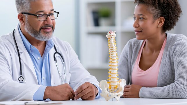 Doctor explains spine model to patient during medical consultation