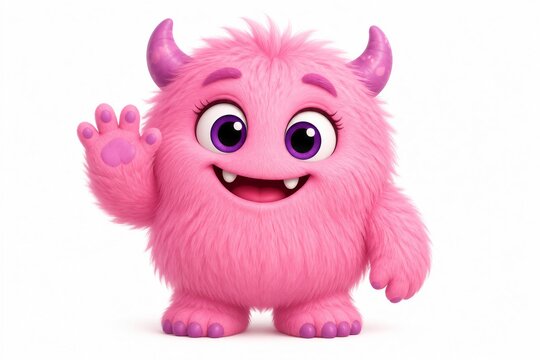 Pink cartoon monster waving and smiling on white background