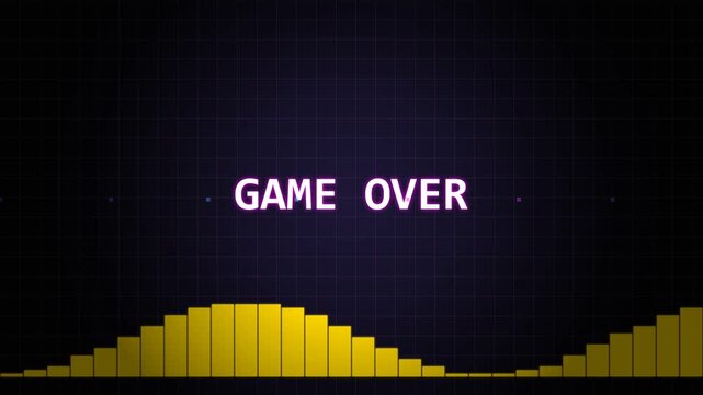 Retro pixel art game over screen with neon text and blocky golden hills on a dark grid background