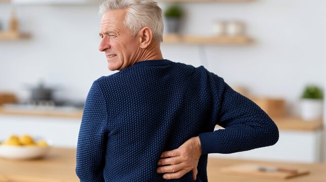 Elderly man experiencing acute back pain while standing at home