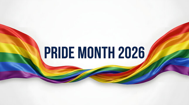 Pride Month 2026 banner with flowing rainbow wave on white background, symbolizing LGBTQ pride, equality, diversity, inclusion and freedom.