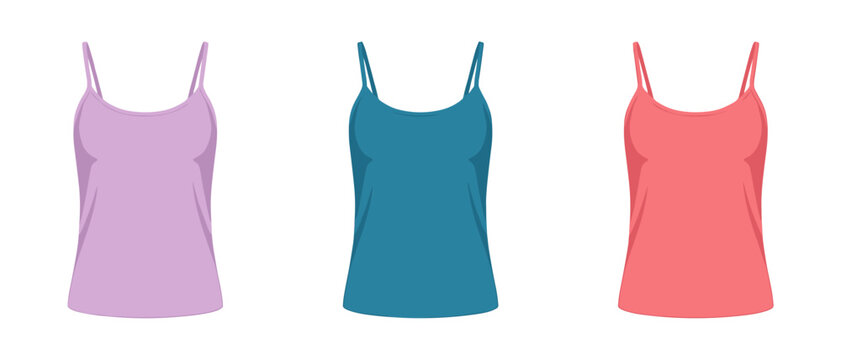 Realistic camisole spaghetti strap top lavender teal coral on transparent background vector illustration