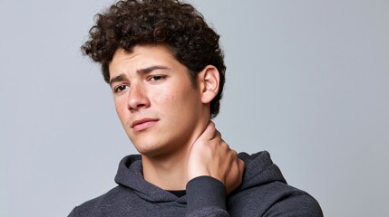 Obraz premium Young man holding his neck in pain, experiencing discomfort and strain