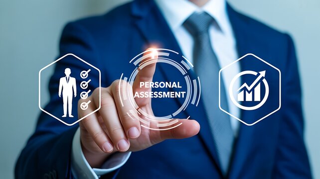 Personal assessment concept with businessman using virtual evaluation interface