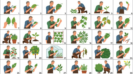 Obraz premium Gardener examining plants collection of various agriculture and plant care activities