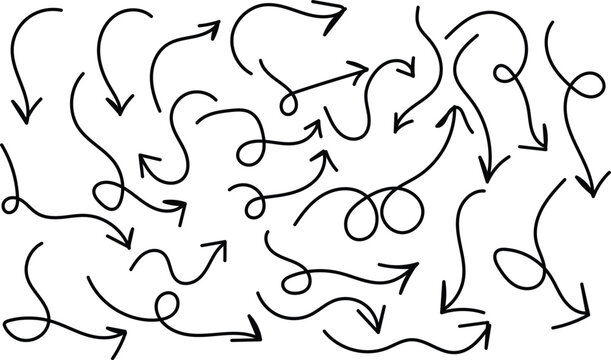 Collection of hand drawn doddle arrow set. Sketch curved arrows design.