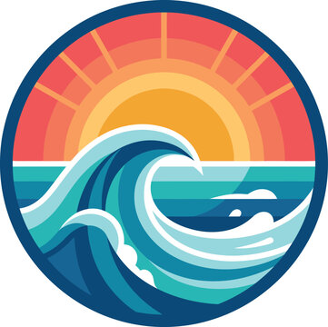 Ocean Wave Sunset Tropical Circle Badge Vector Illustration