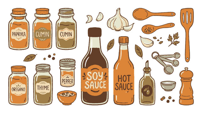 Hand drawn kitchen essentials collection with spices sauces