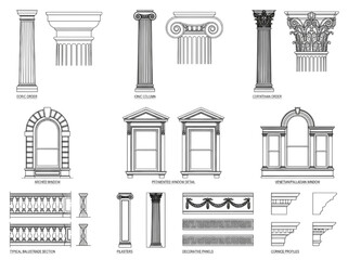Fototapeta premium Collection of Architectural CAD Detail Drawings Featuring Classical Columns Windows Railings and Ornamentation